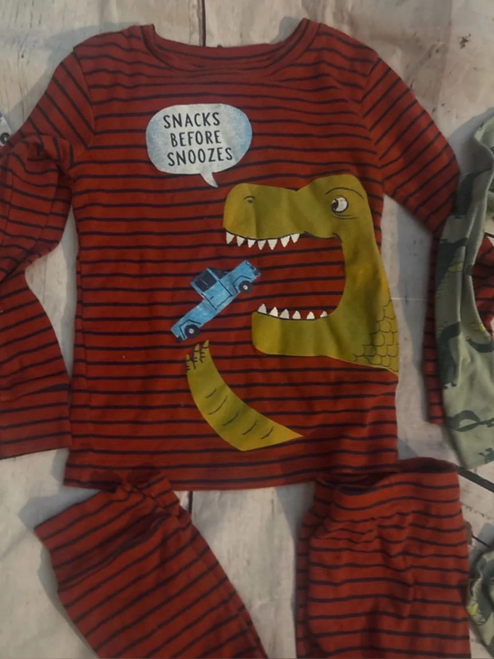 4T 3 sets- Toddler Dino and Vehicle Pajama Set - Red, Green, Cream